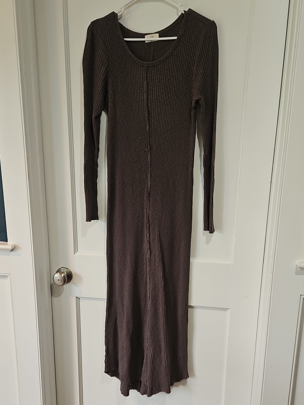 Anthropologie T.La Ribbed Long Sleeve Maxi Dress in Brown Made In USA 100% Cotto